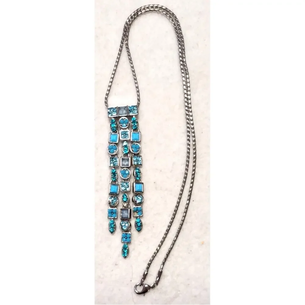 Vtg Blue Rhinestones Multi Panel Fringe Statement Pendant Necklace Silver Tone